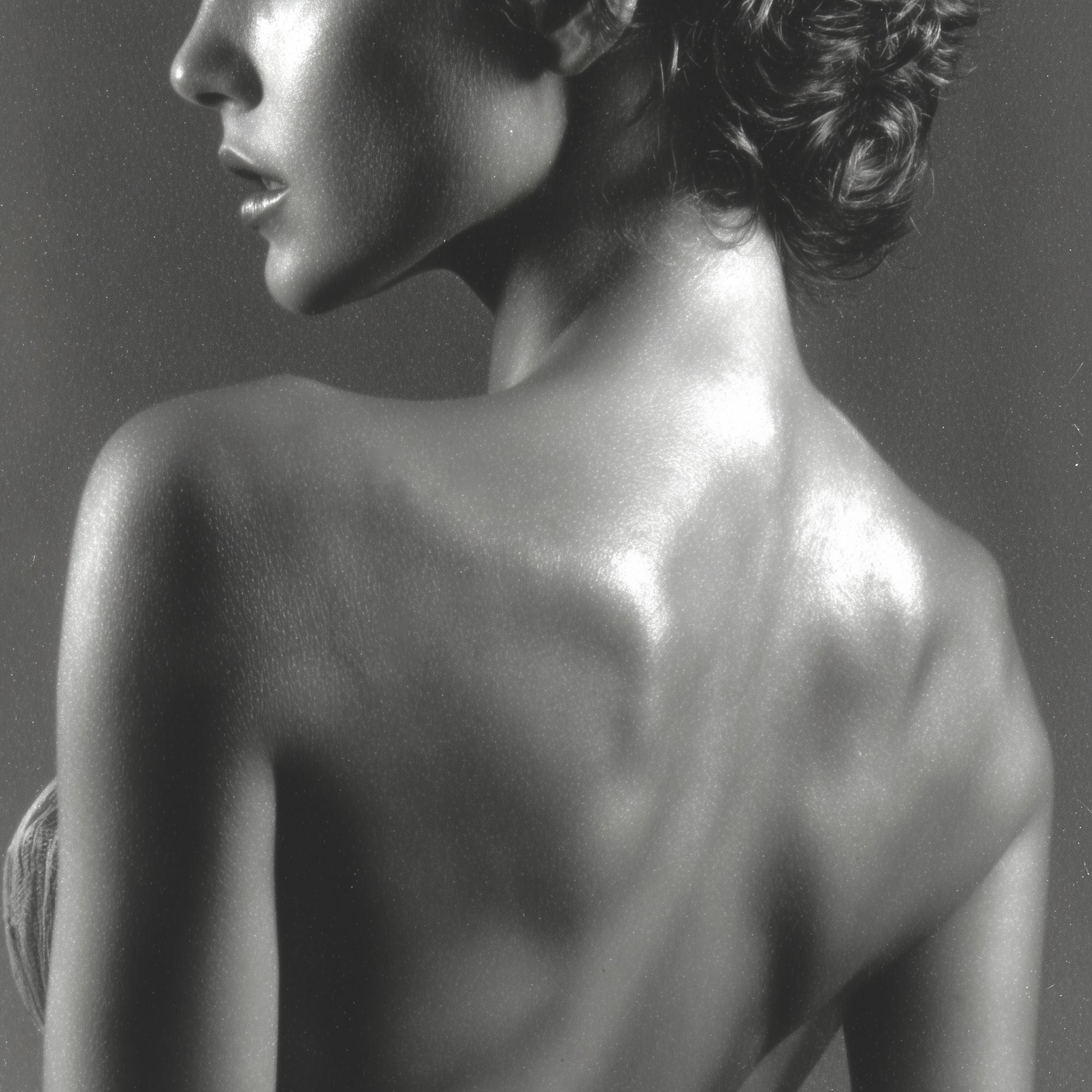 Black and white portrait of a woman from behind, focusing on her hydrated shoulders, back, and neck.